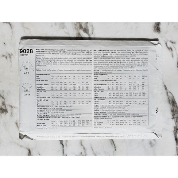 90s Simplicity Sewing Pattern Misses Tops - Size 12, 14, 16 - Picture 2 of 2